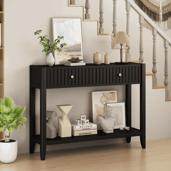 Resenkos Console Table with Drawers, Narrow Wood Accent Sofa Table with Storage Shelf, Entryway Furniture for Hallway and Living Room, Black