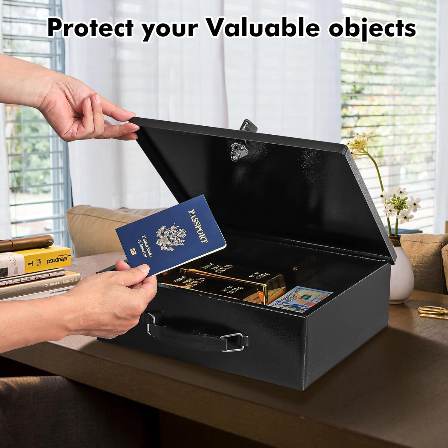 Fireproof Document Box with Key Lock, Safe Storage Box for Valuables, Fire Resistance Security, Fireproof Lock Box for Passport, Cash, Tablet 13.2'' x 11'' x 4.13'' Beige
