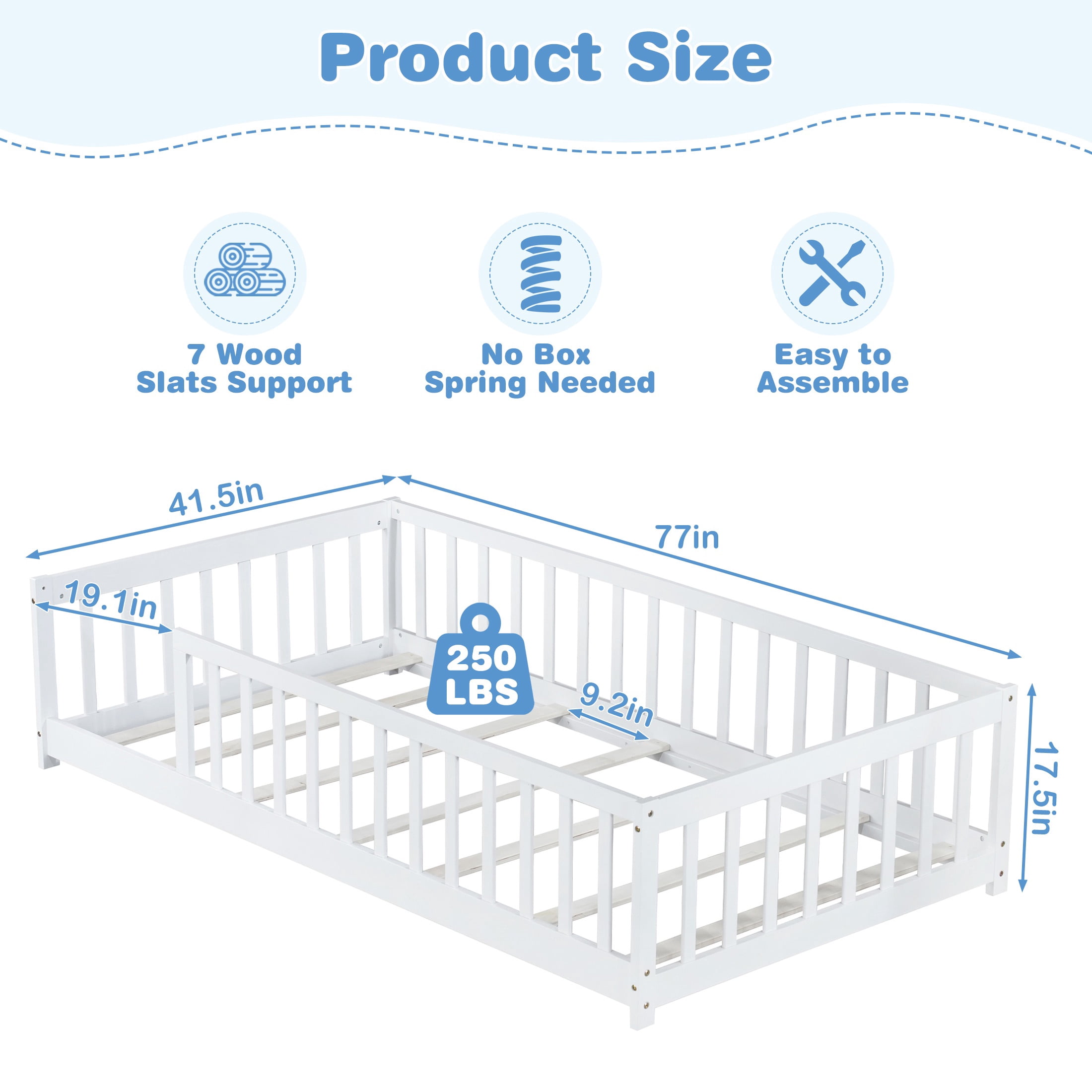 PORKISS Twin Toddler Bed with Guardrails, Low Profile Floor Bed Frame with Open Entry, Wood Montessori Bed with 7 Slats for Kids, No Box Spring Needed, White