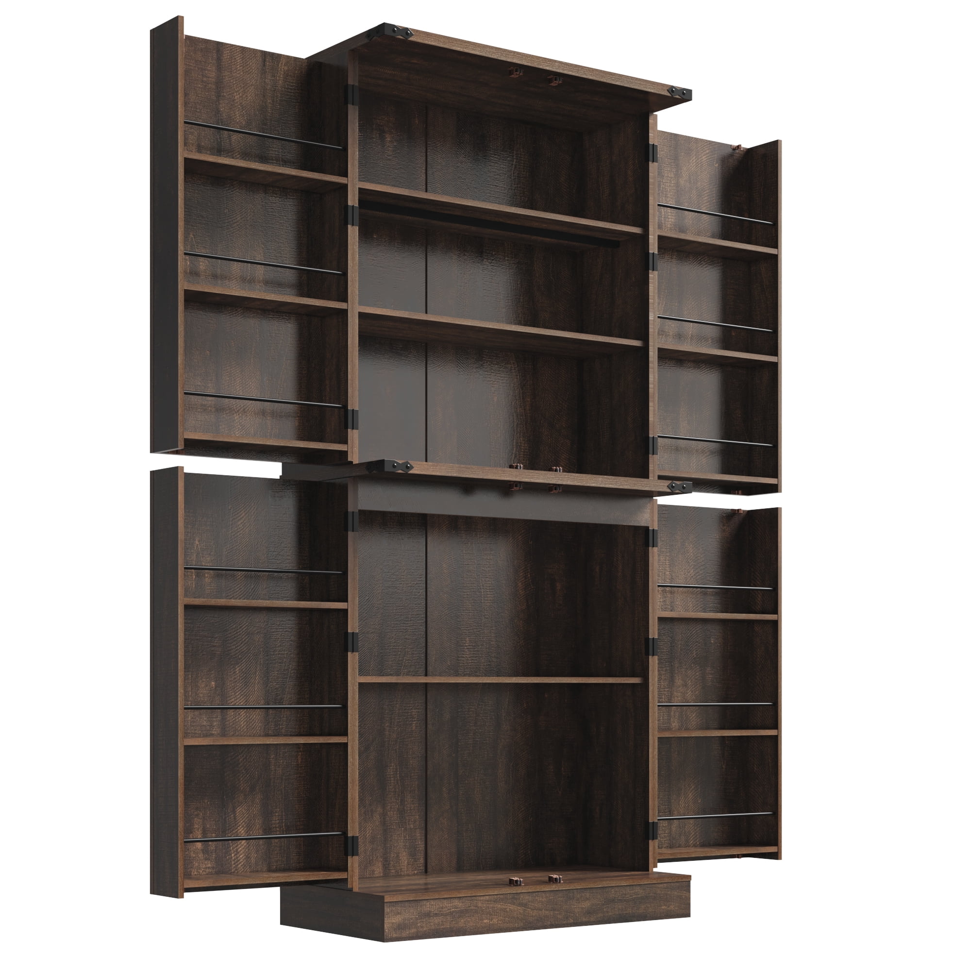 ChVans Farmhouse 71" Tall Kitchen Pantry with 12 Hanging Shelves, 4 Barn Doors Pantry Storage Cabinet with Load-Bearing Steel Pipe and Adjustable Shelves for Kitchen, Dining Room, Living Room, Brown