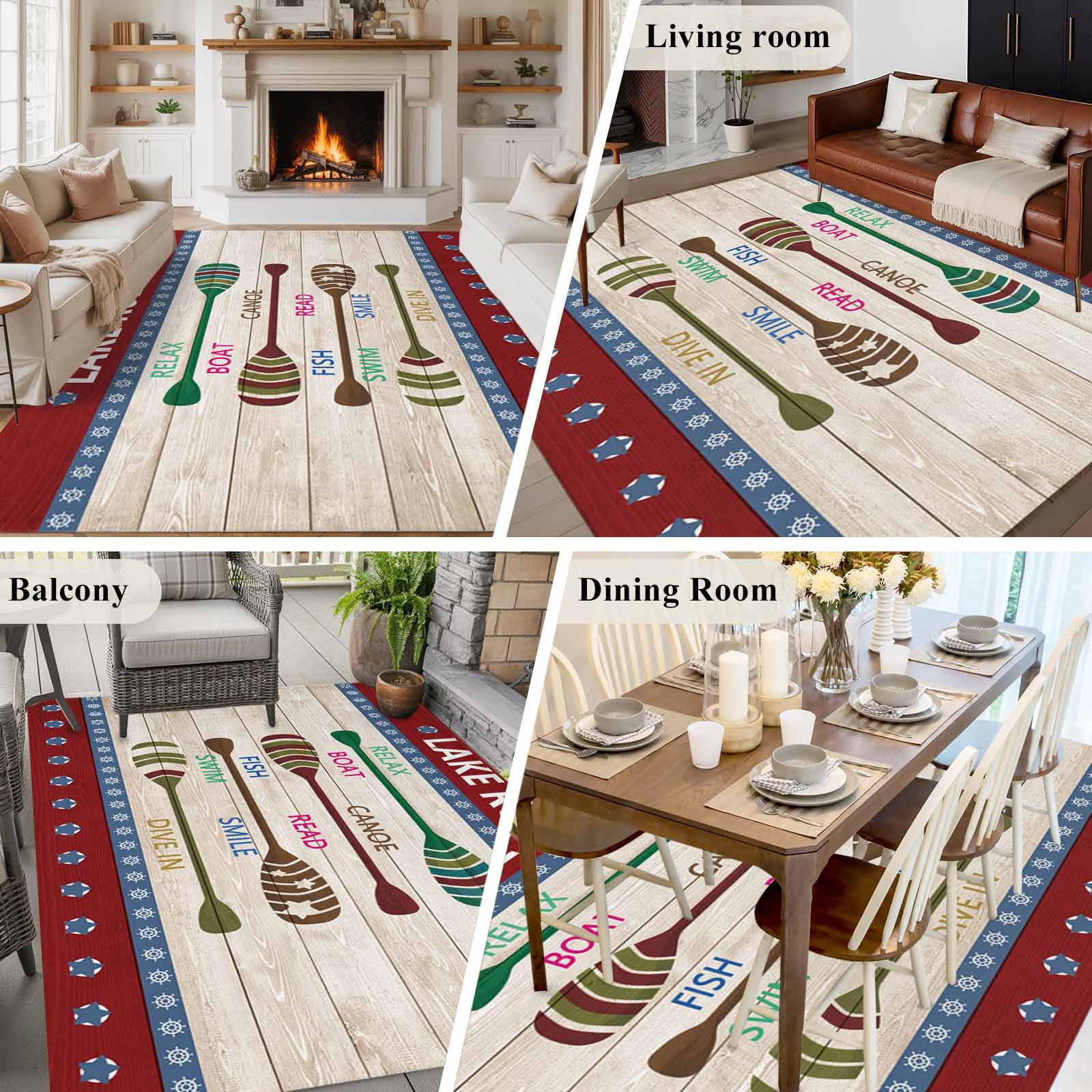8x10 Area Rugs for Living Room, Lake Rules Non Slip Area Rugs for Kitchen Bedroom Entryway, Red Green Brown Paddle Striped Rudder Wooden Washable Carpet Runner Rug Floor Mats for Bedroom Home Decor