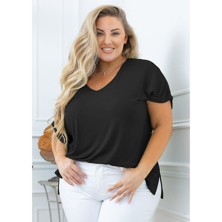 SHOWMALL Women Plus Size Tops Short Sleeve Tunic Side Slit Shirt Summer  V-Neck Blouse Black 3X Tops 