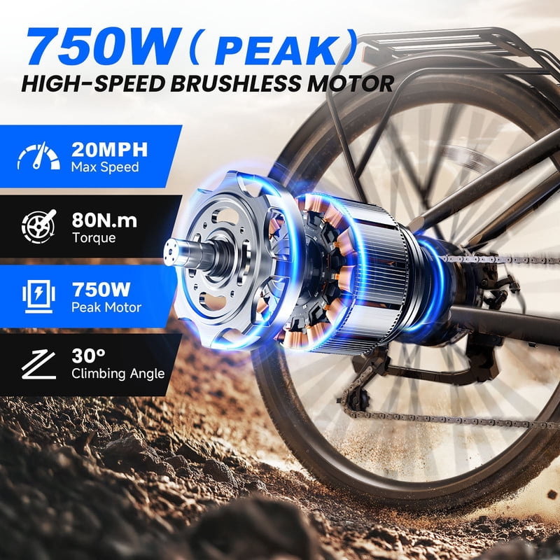 TST Electric Bike for Adults 26", Peak 750W Electric Bicycles, 25mph,  Long Range, 7-Speed, 7.8AH Battery, UL2849, APP Control