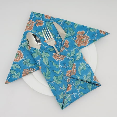 

Cerulean Blue Orange Fern Green Indian Floral Hand Block Printed 100% Cotton Cloth Napkins 9x9 -Cocktail Napkins 20x20 -Dinner Napkins