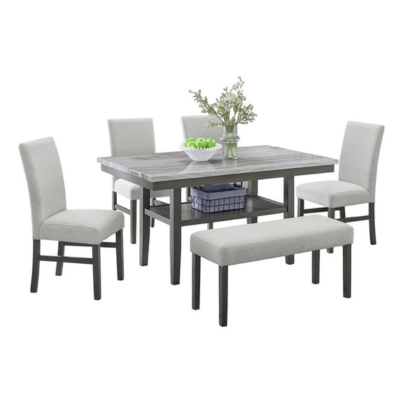 Selena 6Pc 60" Rectangular Gray Faux Marble Wood Dining Set w/4 Chairs & Bench