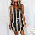 thumbnail image 2 of Spaghetti Strap Dresses for Women Striped Print T-shirt Dress Sleeveless V Neck Tank Dress Drawstring Waist Dress Casual, 2 of 4