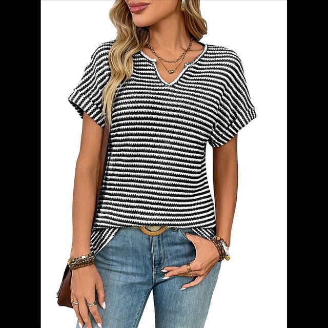 Blusas Elegantes e Informales de Corta para Mujer, Modernas, de Verano, con Cuello en V, Holgadas y A Rayas. Negro XL