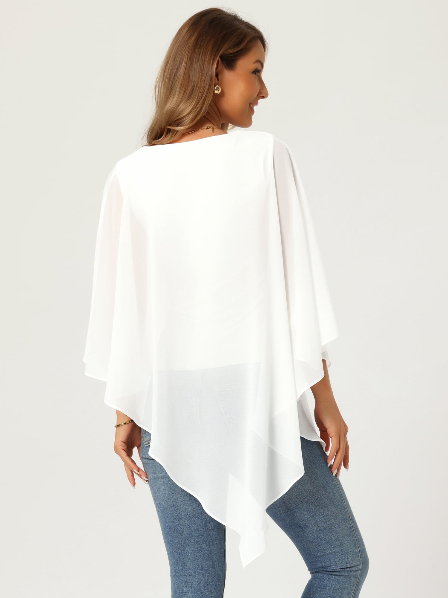 DARING DIVA Women's Flowy V Neck Chiffon Blouse Asymmetrical Top L White