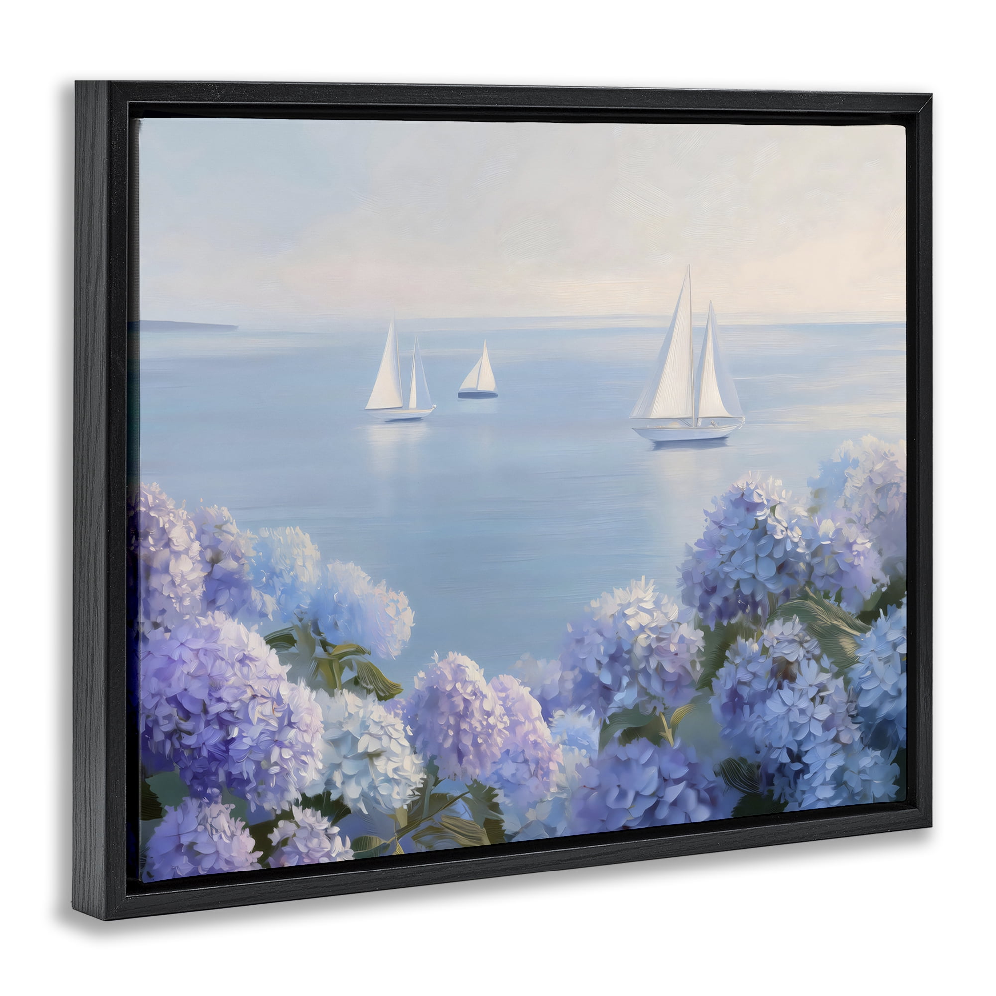Stupell Industries Sailboats & Hydrangeas at Sea Black Framed Floater Canvas Wall Art, design by LSR Design Studio