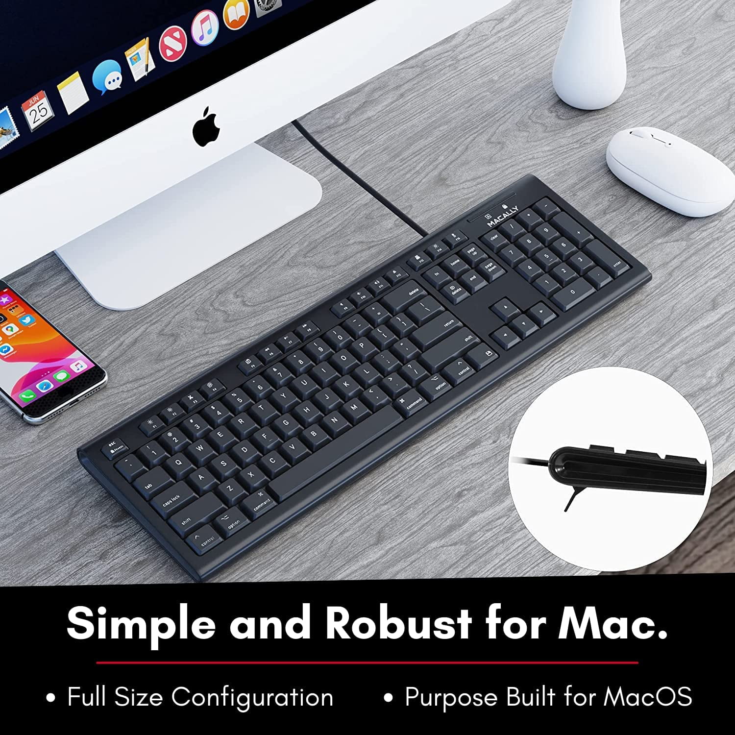 Macally Full-Size USB Wired Keyboard for Mac Mini/Pro, iMac Desktop Computer, MacBook Pro/Air Desktop w/ 16 Compatible Apple Shortcuts, Extended with Number Keypad, Rubber Domed Keycaps - Spill Proof