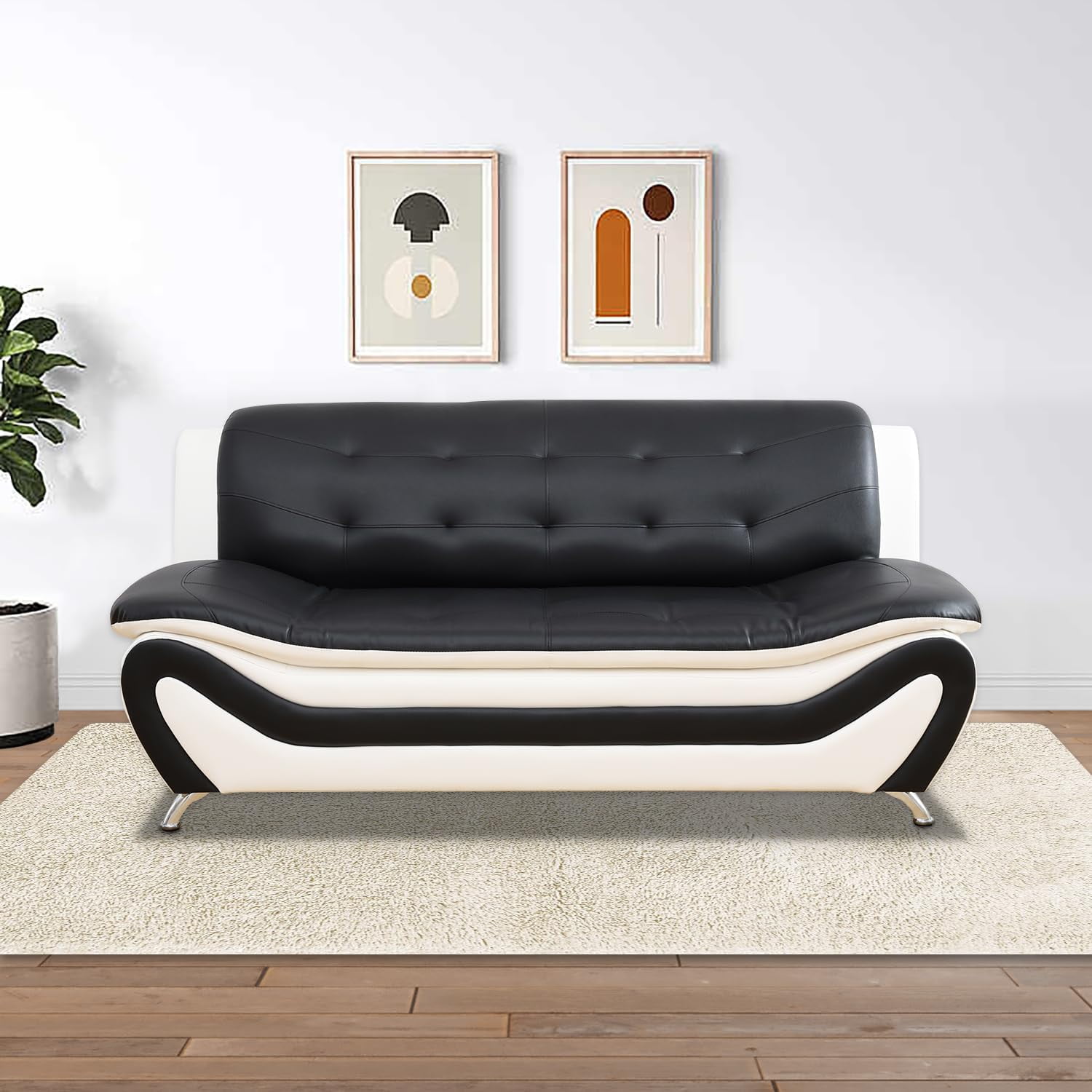 PonLiving Oversize Modern Leather Sofa Set with and Armchair, 2-Piece Living Room Furniture Sets, Black&White