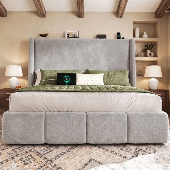 Breltam Queen Size Platform Bed with 54.2" Extra Tall Wingback Headboard, Lambswool Upholstery, Support Legs & Built-in Charging Outlets, Wood Slat Foundation, No Box Spring Required, Light Grey