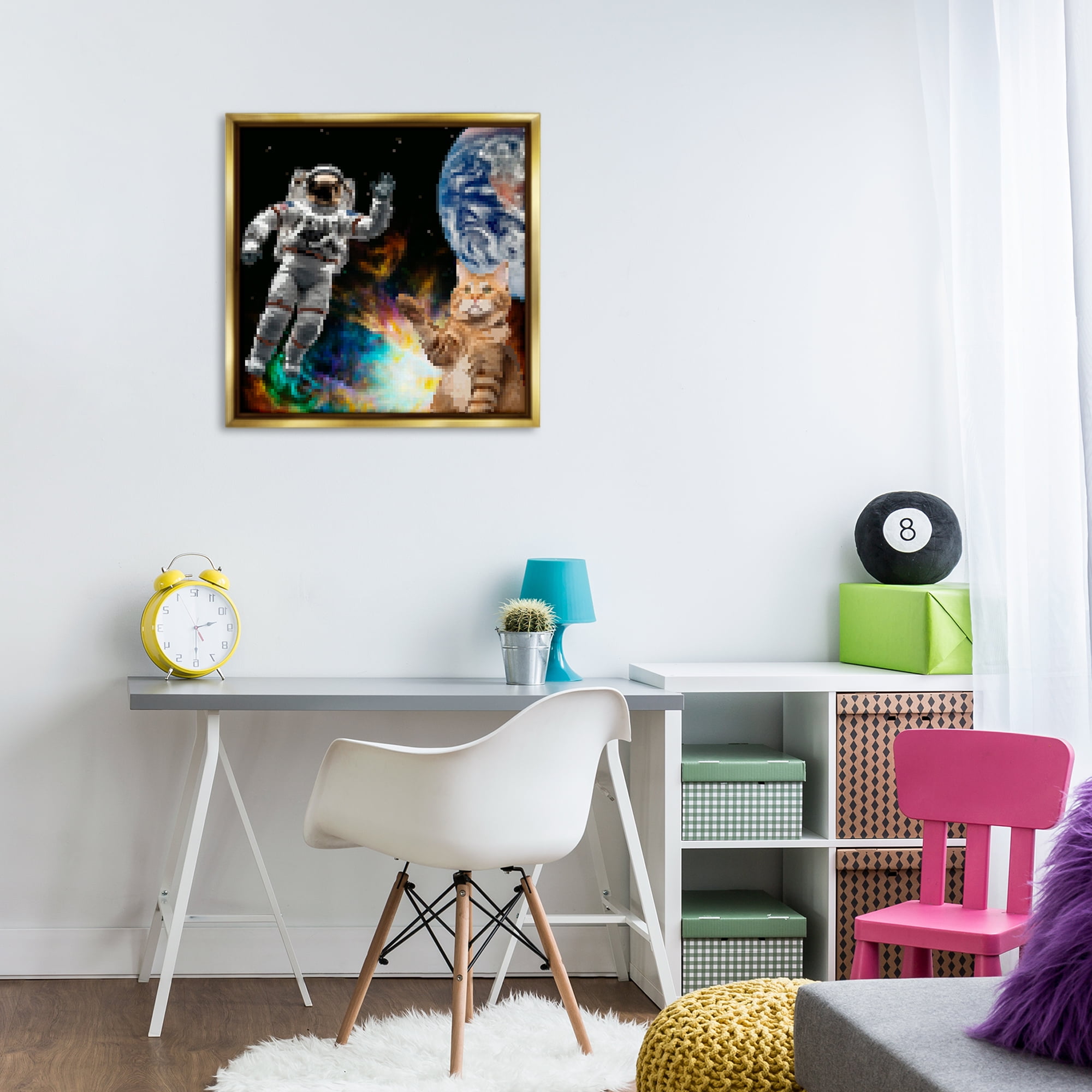 Stupell Industries Pixel Cat in Space Novelty & Humor Painting Gold Floater Framed Canvas Art Print Wall Art, 25 x 25