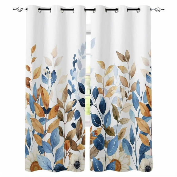 Hokiten Blue Orange Botanical Blackout Curtains | Light Blocking Print Window Curtains, Fall Eucalyptus Leaves Thermal Insulated Window Drapes for Living Room Kitchen Cafe (2 Panels, 104"W x 52"L)