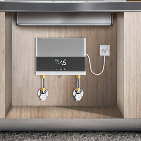 Adjustable Instant Water Heater, 1300W-4000W Electric Tankless Under Sink Heater with Touch Screen, 86-131℉ Fast Heating & Energy Saving, for Kitchen Bathroom Vanity (110V, Silver)