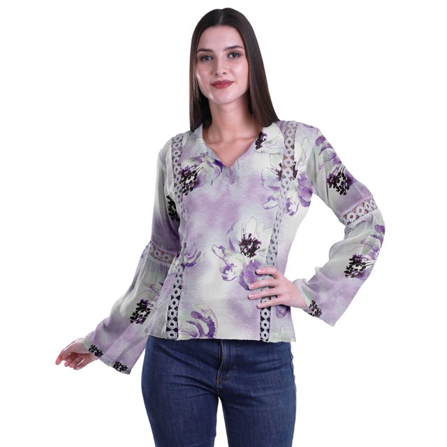 Moomaya Kurta Col Kurta Dentelle Détails Imprimé Manches Longues Tunique