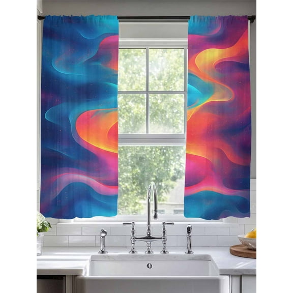 Blue Yellow Pink Sheer Curtains for Living Room Bedroom Modern Moire Water Ripple Abstract Sheer Curtains 63 Inch Long 2 Panels Set Light Filtering Curtain Window Treatments Drapes for Dining Room