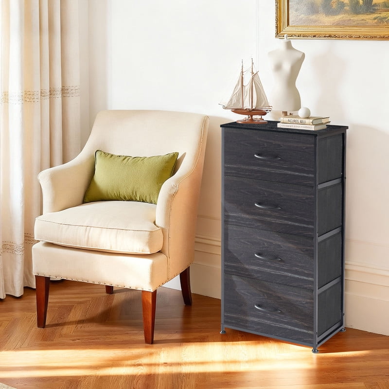 Simenmax 4 Storage Dresser for Bedroom, Wide Fabric Closet Chests Organizer Tower Furniture with Wooden Top Metal Frame for Bedroom, Living Room, Hallway, Entryway, Black Wood