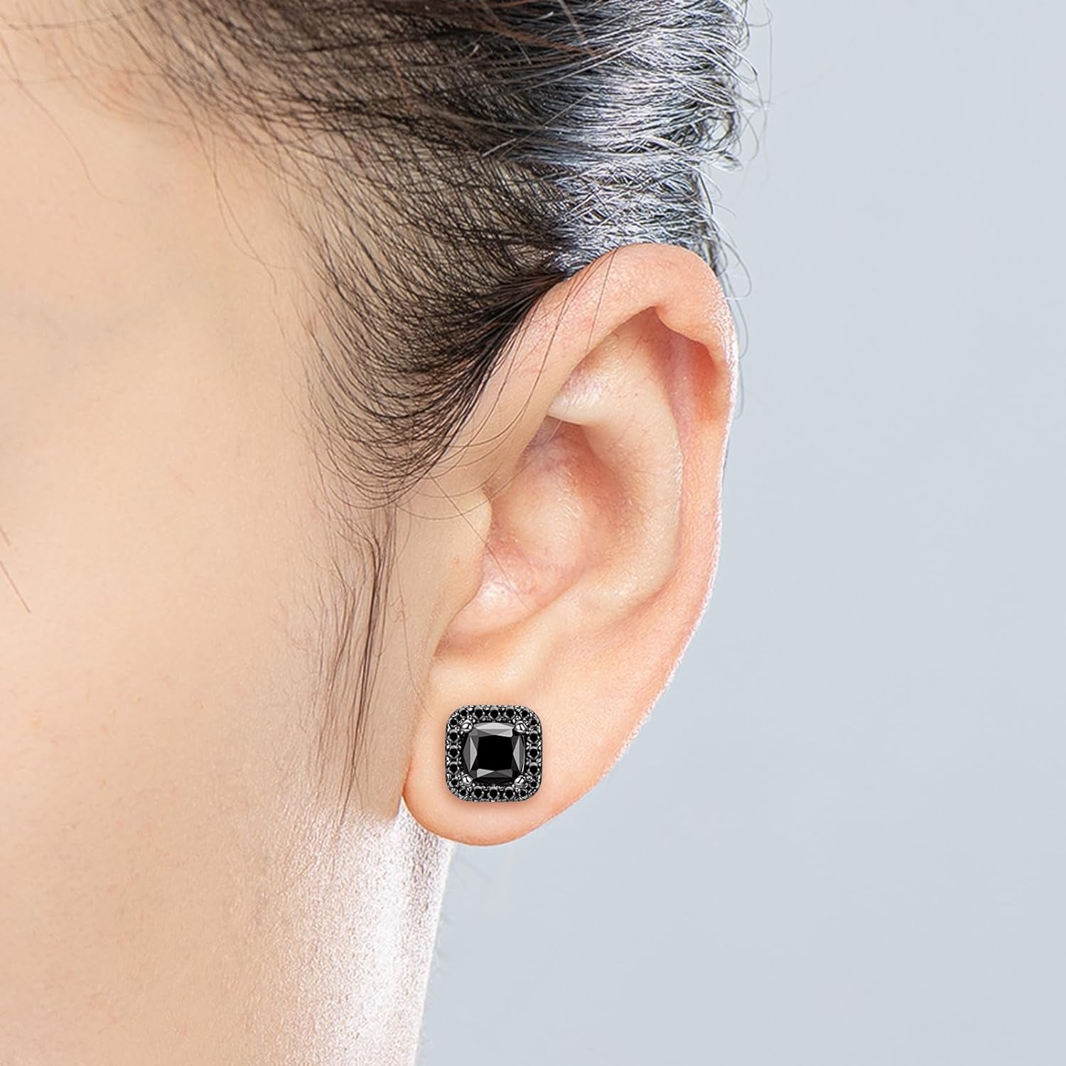 Leander 925 Sterling Silver Black Onyx Stud Earrings For Men Women, Hypoallergenic Mens Viking Rune Square Simulated Diamond CZ Studs Cushion/Round/Princess Cut Onyx Earrings Fine Jewelry