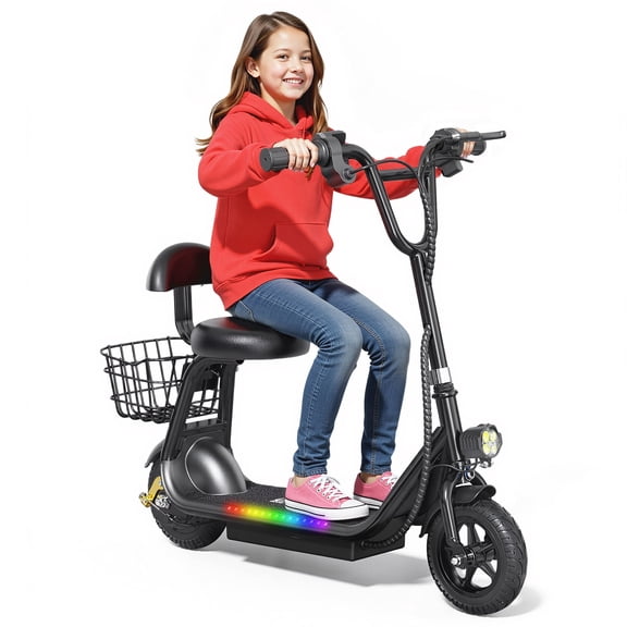 AKLUER Kids Electric Scooter, Bluetooth Speaker Foldable Scooter with Seat & Carry Basket & LED Light Strip, 11MPH 132lbs Max Load E Mopeds (35.43 x 8.27 x 18.11 Inches)