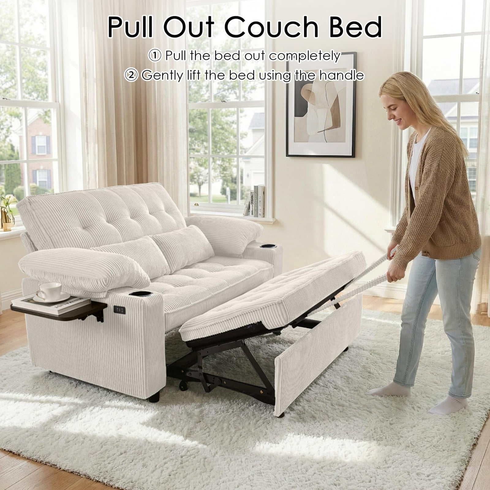 58" Sleeper Sofa Bed, Convertible Pull Out Couch Full Size Loveseat with Corduroy Fabric, USB Charging, Adjustable Backrest for Living Room Apartment Office, Beige