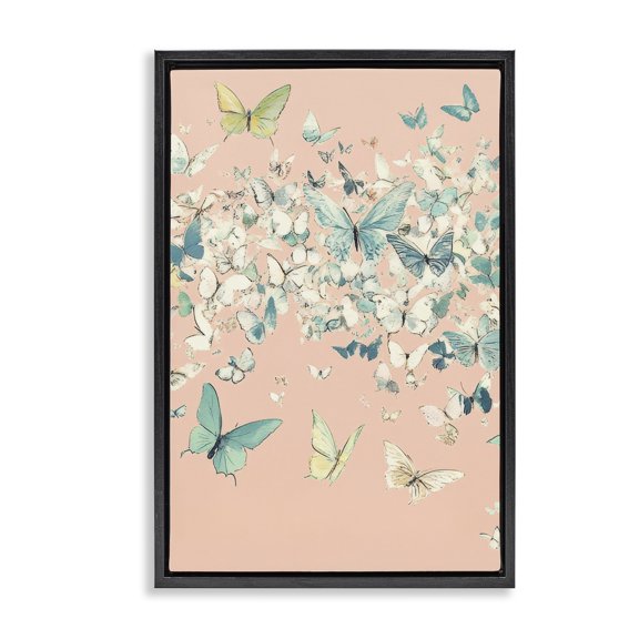 Stupell Industries Contemporary Butterfly Cluster over Pink Black Floating Frame Canvas Art, 17 x 25, by Petals Prints Design
