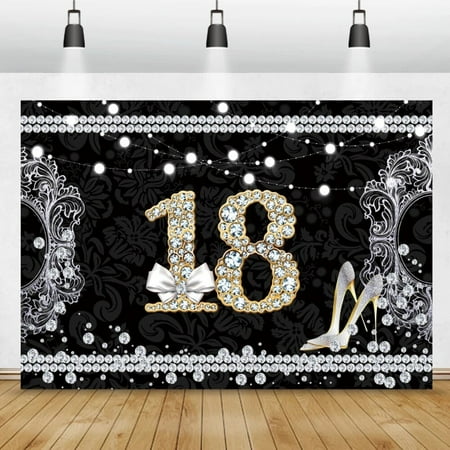 Image of Diamond 18th Birthday Poster Backdrop Pink High Heels Bow Tie Shiny Lights Customized Girl Birthday Party Photography Background