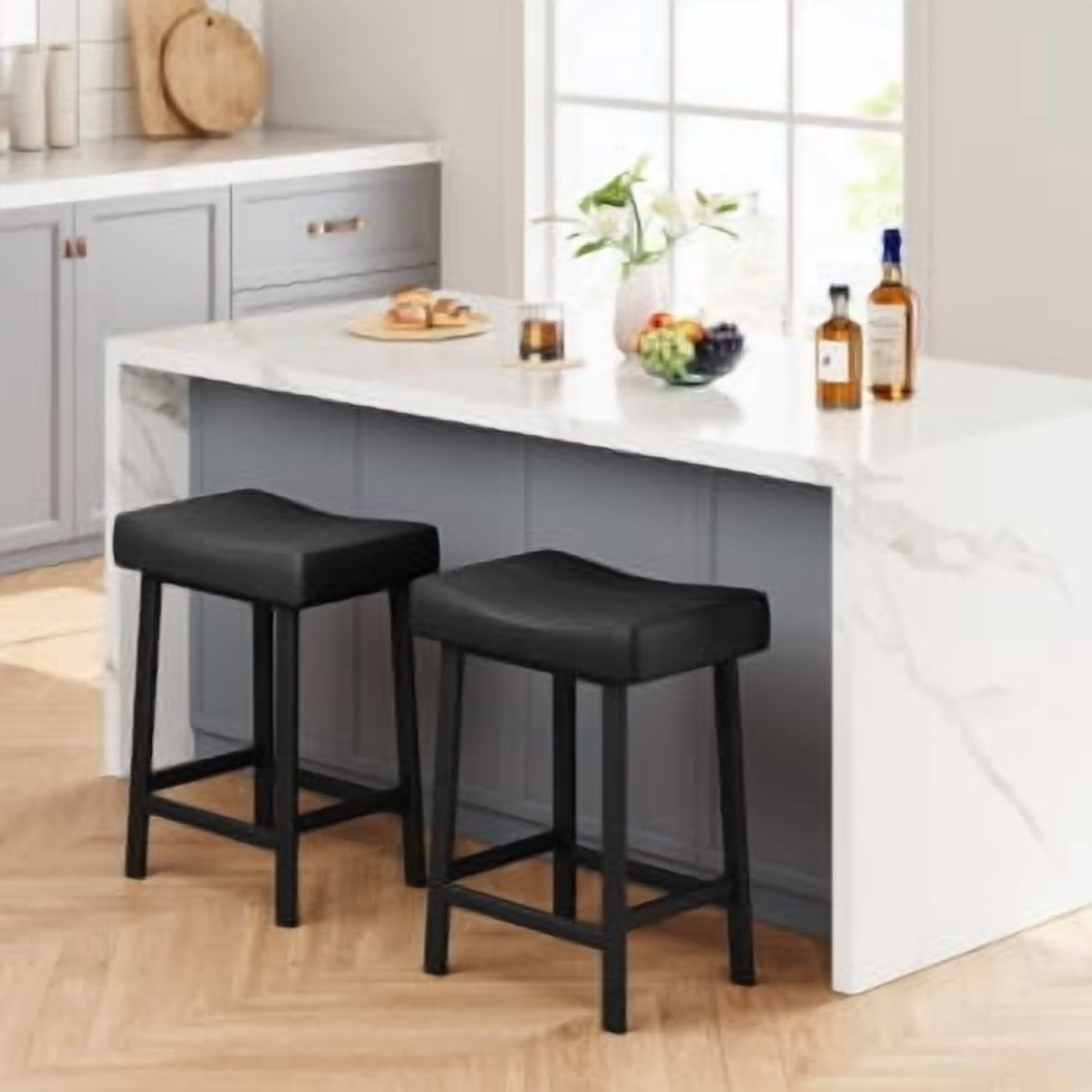 Acekid Bar Stool Set of 4&nbsp;– 24 Inch Counter Height, Upholstered Padded Seat with Curved Surface, Ergonomic Saddle Design for Kitchen/Home, Black + Black Cushion