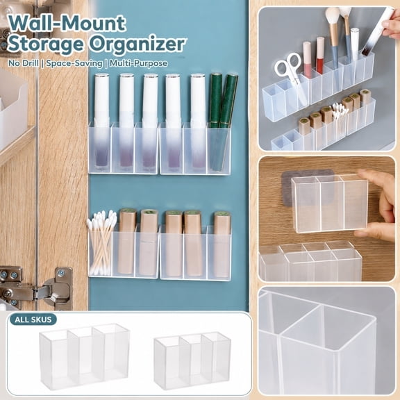 Wall Mount Lipstick Organizer, Clear Acrylic Makeup Holder for Mirror Cabinet Door, No-Drill, Holds Brushes, Scissors
