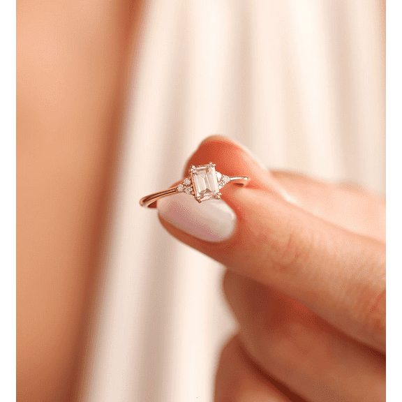 vylahjewellery 1.50 Ct Emerald Cut Diamond Ring Plated White Gold Forever One Moissanite Engagement Proposal Ring