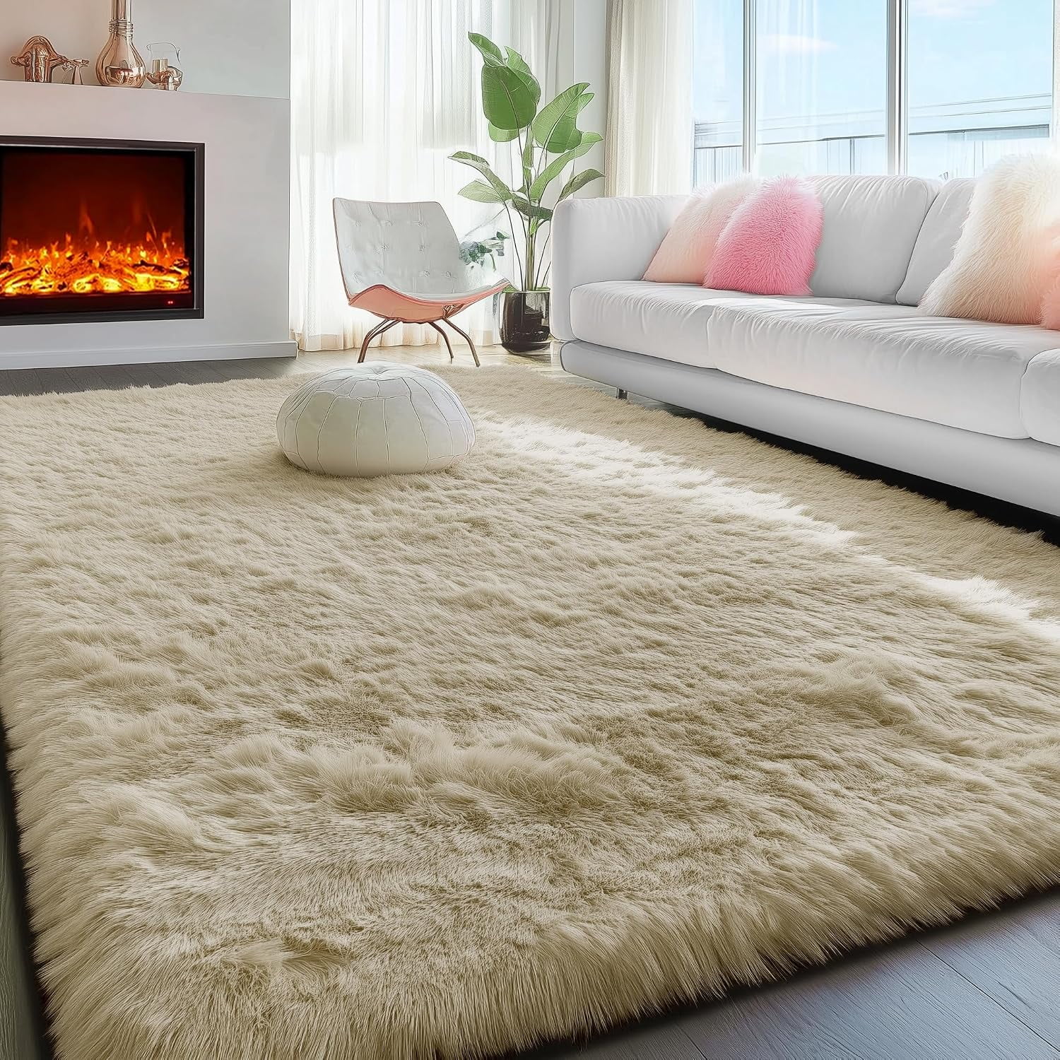 Large 5x7 Fluffy Shaggy Area Rug Plush Beige Indoor Carpet for Living Room Bedroom Nursery Kids Room Modern Neutral Farmhouse Decor