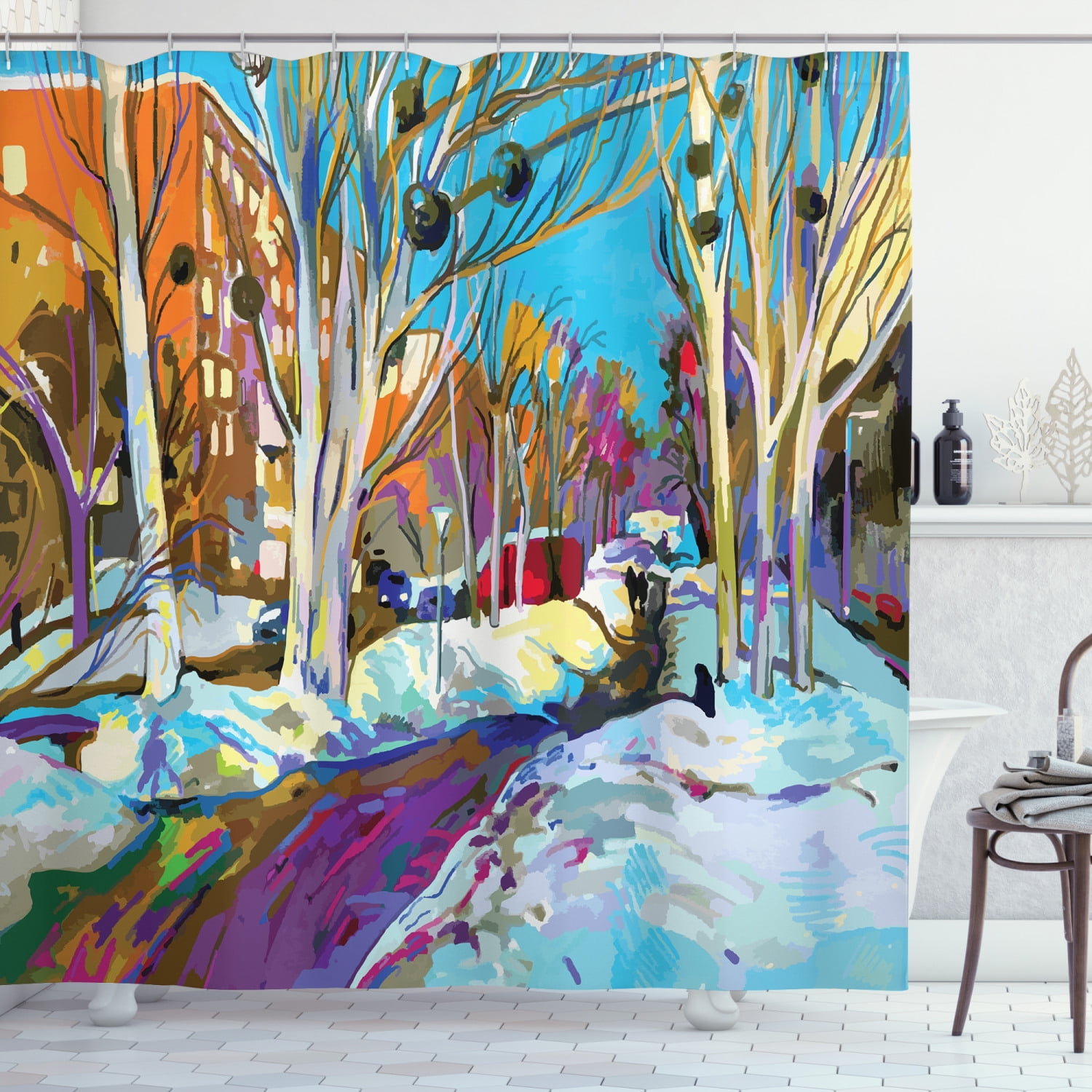 Fine Art Shower Curtain, Winter Cityscape Urban Park with Trees Snowy