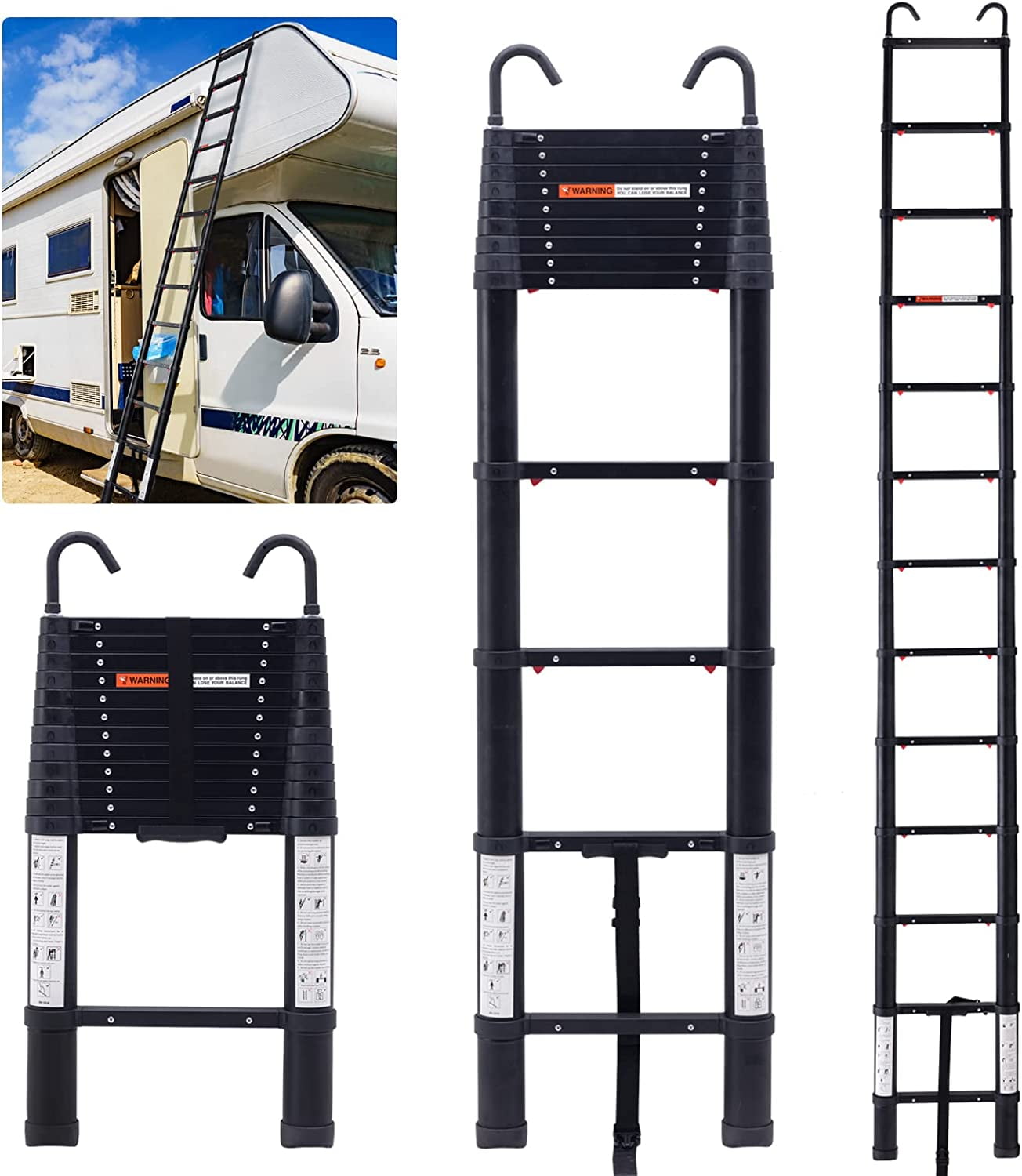 Alohappy Telescoping Ladder 12.75FT, One Button Retraction Aluminum