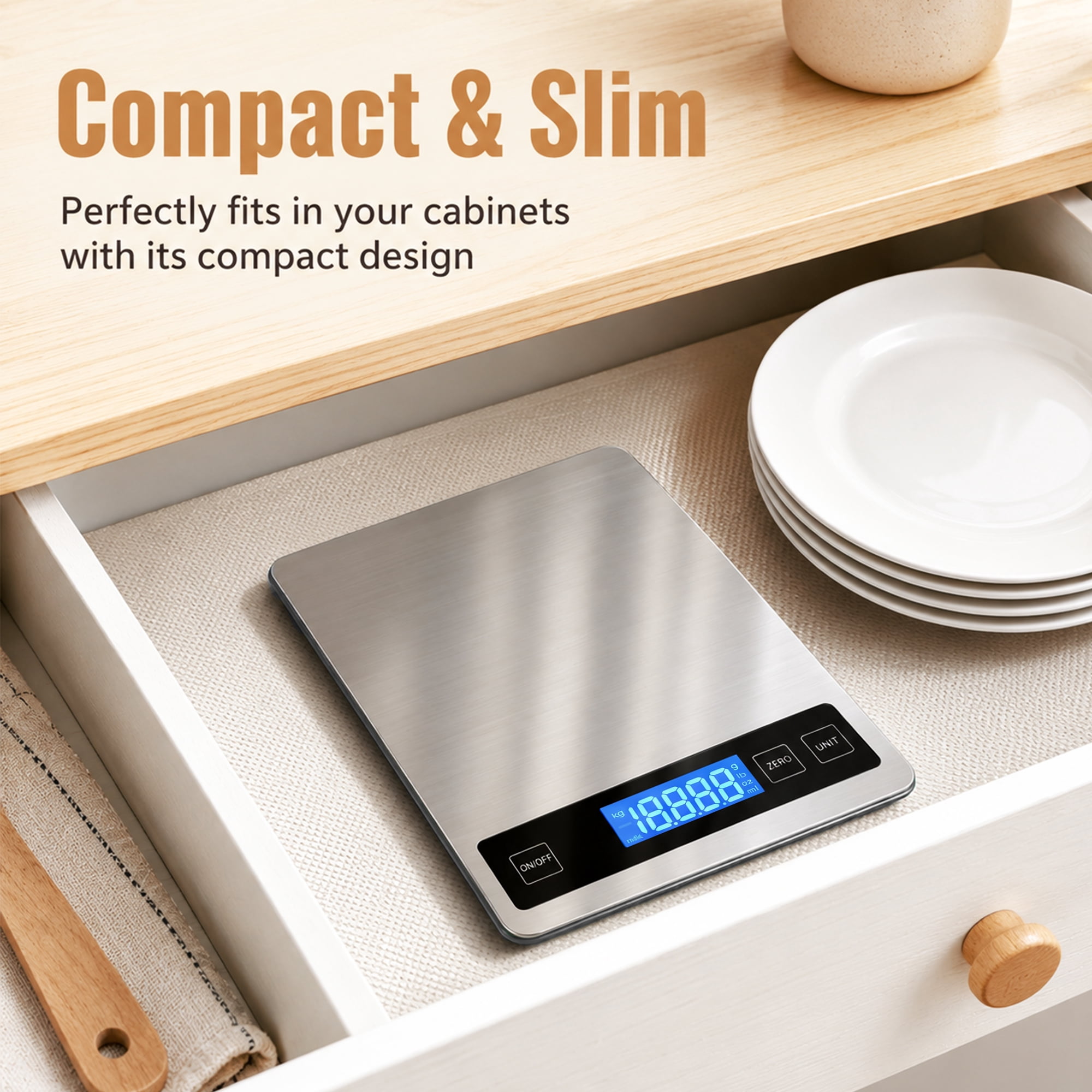 ZOWWKLLY Digital Food Kitchen Scale, Gram Scale 1g/0.1oz Accuracy, 15kg/33lb Stainless Steel with 5 Units, Tare Function& LCD Display, USB Rechargeable & Battery Powered, for Coffee, Baking, Cooking