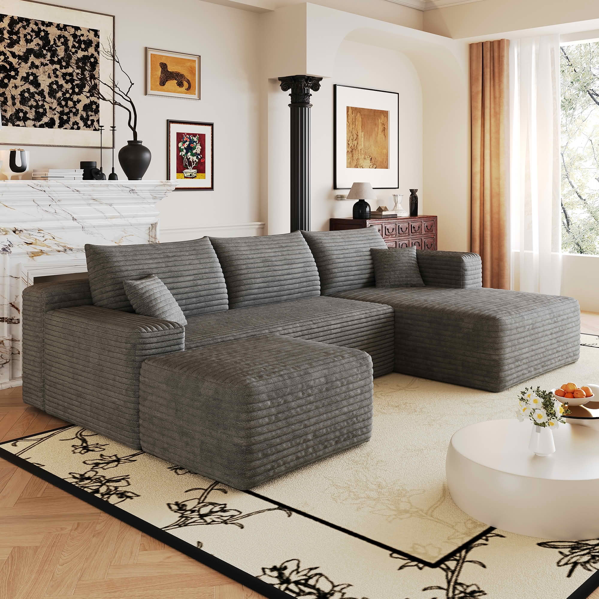MAYEERTY 103 Inch L‑Shaped Cloud Sectional Sofa with 1 Ottoman, Modern Minimalist Deep‑Seat Corner Couch, Plush Corduroy Upholstered Reversible Sofa, No‑Assembly Required for Living Room Apartment