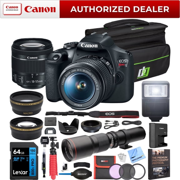 Canon EOS Rebel T7 DSLR Camera 18-55mm f/3.5-5.6 IS II Bundle with 500mm Preset Telephoto Lens, 32GB SDHC Memory Card, Camera Bag & Accessories (13 Items) Official Canon Partner