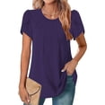 thumbnail image 2 of JURANMO Womens Casual Dressy Shirts Summer Petal Short Sleeve Tees Shirts Solid Color Round Neck Blouse Fashion Pleated Tunics Vacation Tops Purple XXL Women Sale Clothes, 2 of 9