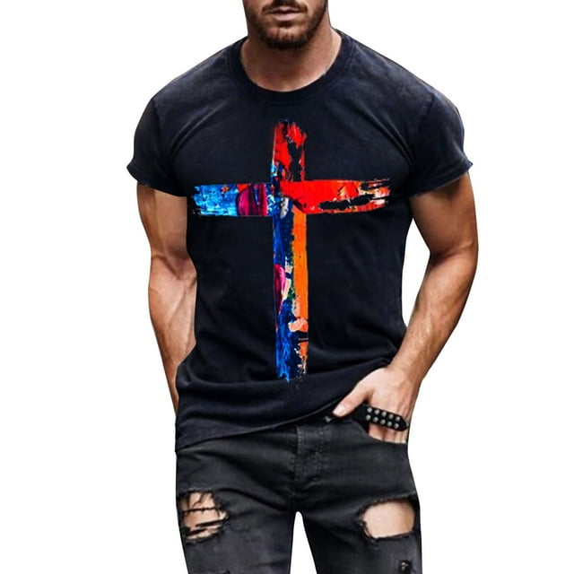 EGNMCR T-Shirts à Manches Courtes pour Hommes Été Décontracté Col Rond T-shirt, Mode de Rue pour Hommes Décontracté Imprimé Croix Col Rond Manches Courtes,