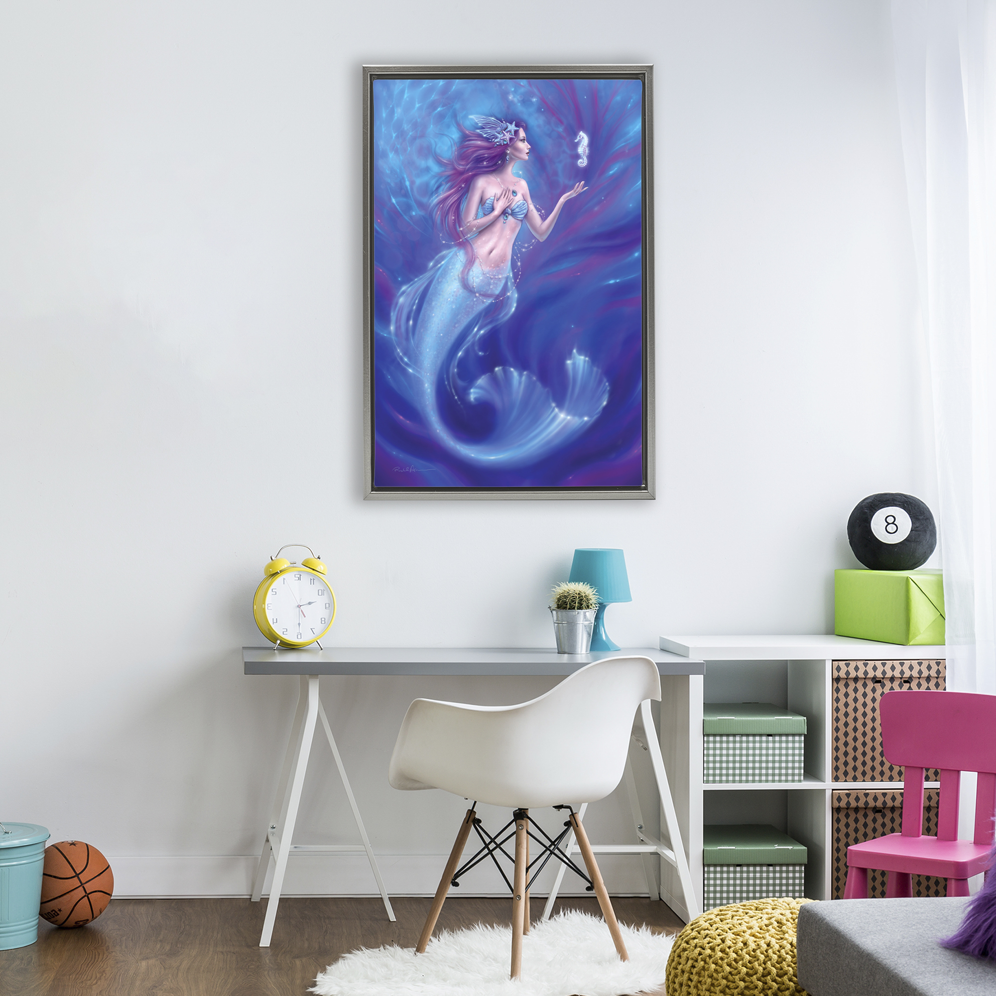 Jewel Bedecked Mermaid & Seahorse Gray Framed Floater Canvas Wall Art, design by Rachel Anderson