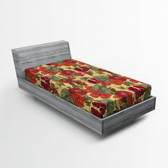 Ambesonne Vintage Fitted Sheet, Exotic Wild Tropic Birds, Twin XL Size, Beige Red