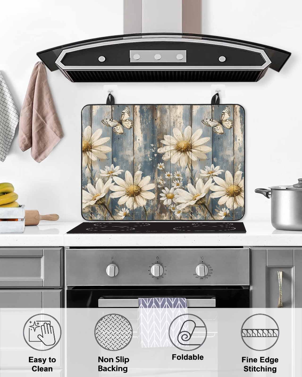 nqOlkjepod Large Induction Cooktop Protector Mat 24"x21", Vintage Daisy Stove Top Covers for Electric Stove, Vintage Farmhouse Butterfly Wooden Stove Burner Cover Mats, Glass Top Stove Cover