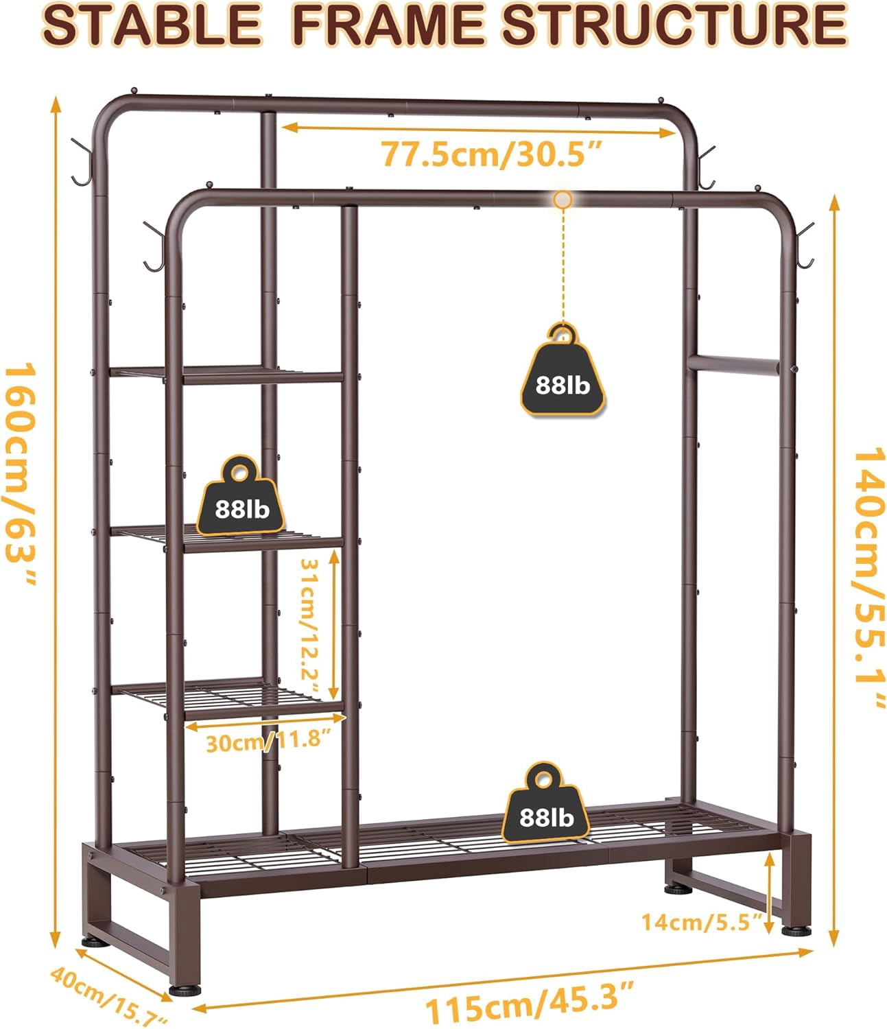 Double Rods Clothes Rack Clothing Rack with  Storage Shelves Clothes Rack for Hanging Clothes Multifunctional Heavy Duty Clothes Organizer with Hooks for Bedroom,Wardrobe Closet,Shop