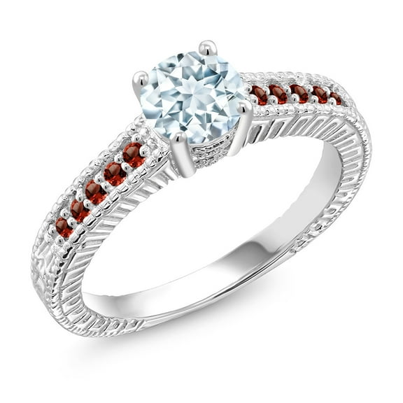 Gem Stone King 925 Sterling Silver Sky Blue Aquamarine and Red Garnet Engagement Ring for Women (0.95 Cttw, Gemstone Birthstone, Size 6)