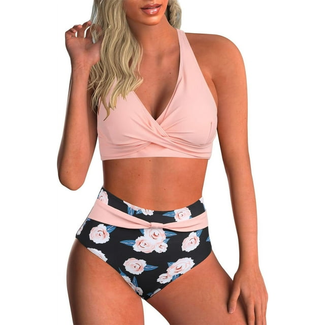LAICAIW Womens Two Piece Swimsuits Wrap Front Bikini High Waisted Bottom Tummy Control Bathing Suits Vintage Print Swimwear