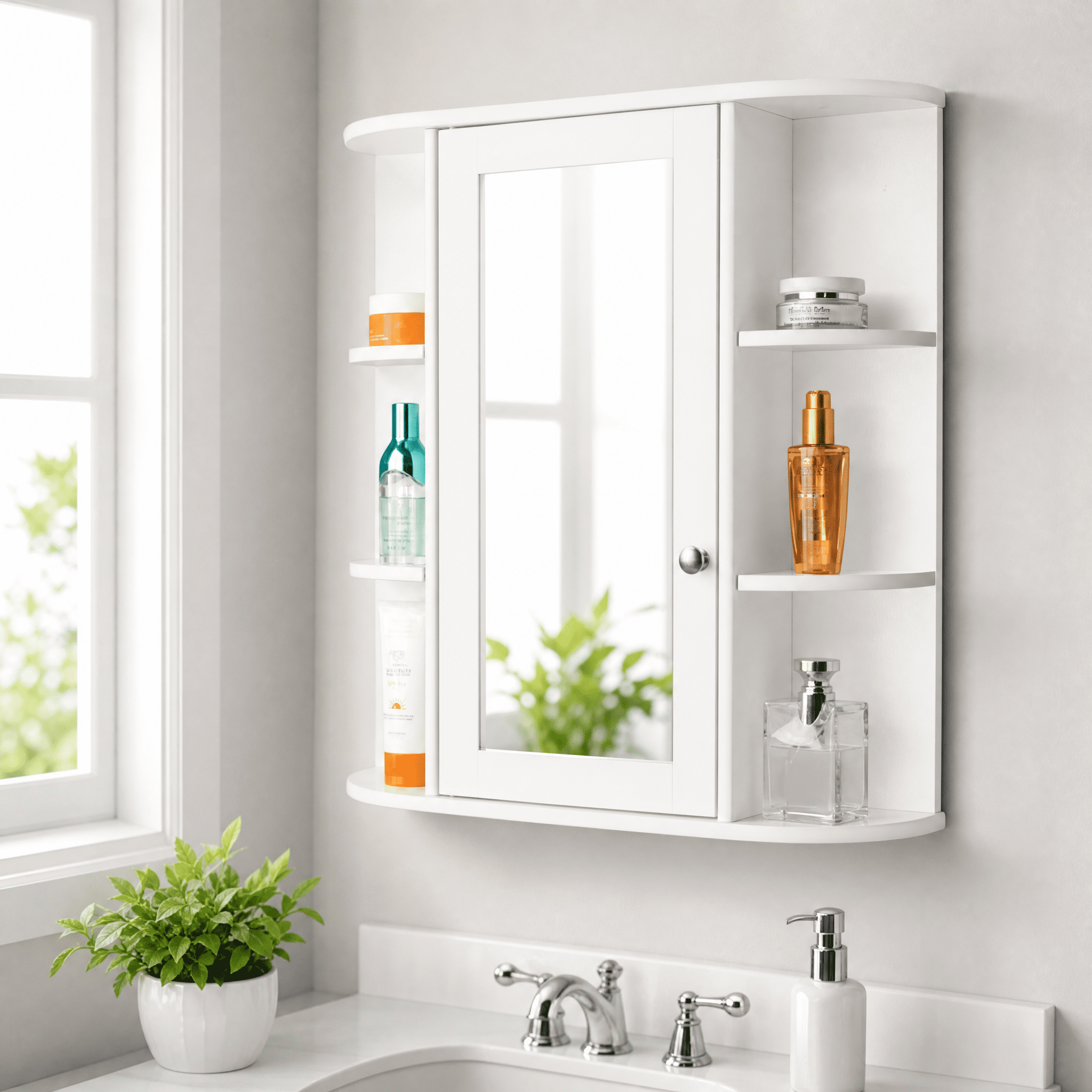 3-tier Single Door Mirror Indoor Bathroom Wall Mounted Cabinet Shelf White