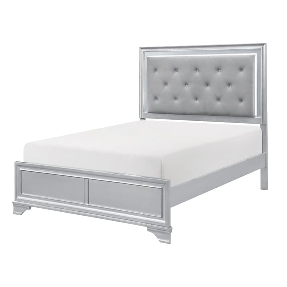 Silver Finish Glam LED Light Queen Bed Upholstered Button Tufted Headboard Contemporary