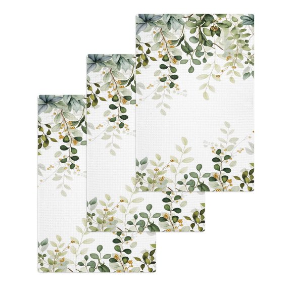 Sage Green Eucalyptus Leaves Kitchen Dish Towels for Drying Dishes Set of 3, Spring Botanical Floral Waffle Weave Microfiber Hand Tea Bathroom Towels Quick Dry & Absorbent Towel 15.7x23.6