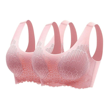 WIZUTIZ Bralettes for Women Lace Girls Tank Tops 2PCS Supportive Bralette Wireless Underarm Smoothing Trendy Full Coverage Brassiere Solid Hollow Out Underwear for Older Women Gym M Pink