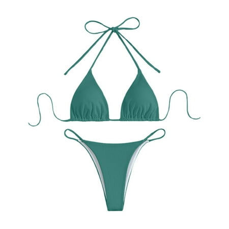 HABDGIKS Bikini Set Women 2025 Summer High Waisted Sexy Halter Bra Knot Thongs Bathing Suit Split Swimsuit