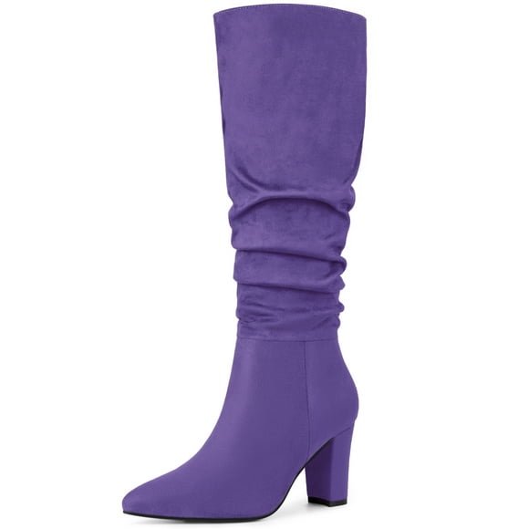 BLISSFUL STEP Women's Boots Pointed Toe Block Heel Knee High Boots Dark Purple 9.5